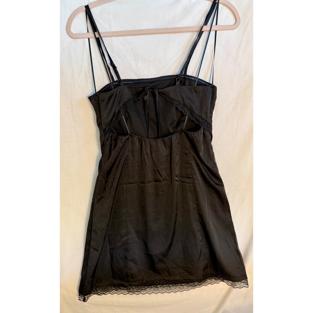 Lucky Brand Clover Black Lace Trim Mini Slip Dress M Satin Back Cutout New